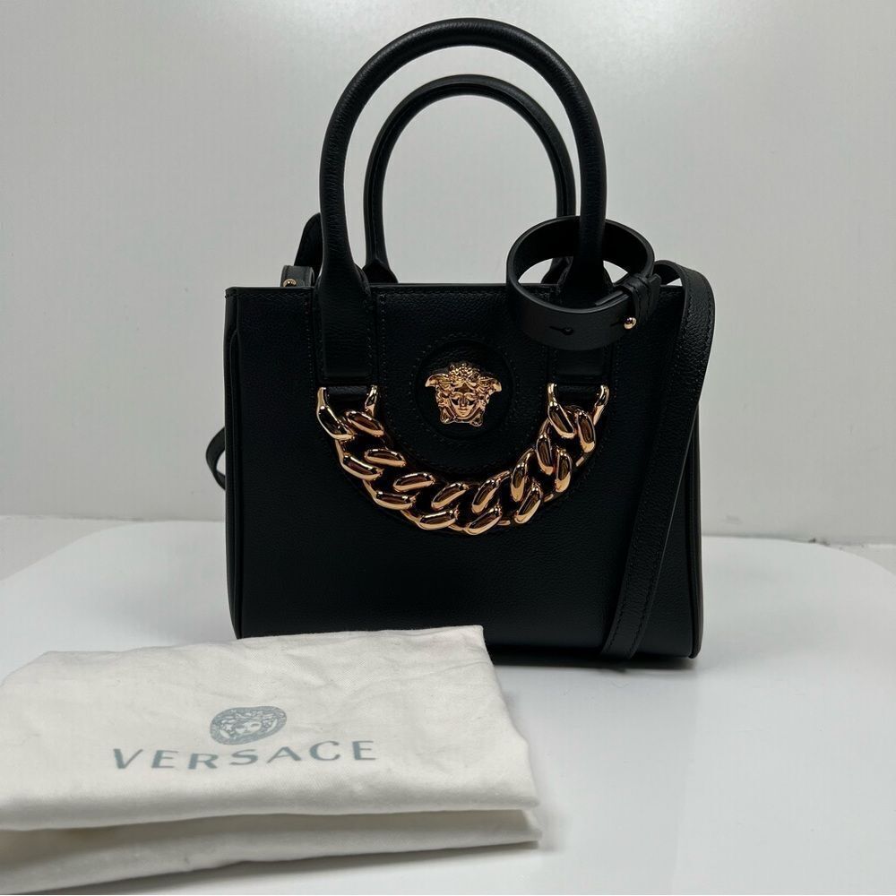 VERSACE Grained Calfskin Small La Medusa Chain Convertible Tote Black